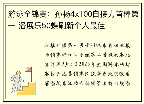 游泳全锦赛：孙杨4x100自接力首棒第一 潘展乐50蝶刷新个人最佳